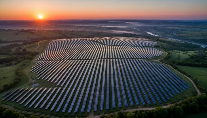 Румыния: DTEK и Econergy заключили сделку на 200 МВт солнечной энергии Огромная солнечная электростанция с рядами панелей, установленными на холмистой местности в Румынии на рассвете.