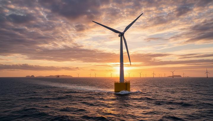 Первая плавучая ВЭС Японии: старт коммерческой эксплуатации Ряд плавучих ветряных турбин морской электростанции в океане на фоне рассветного неба у островов Гото, Япония.