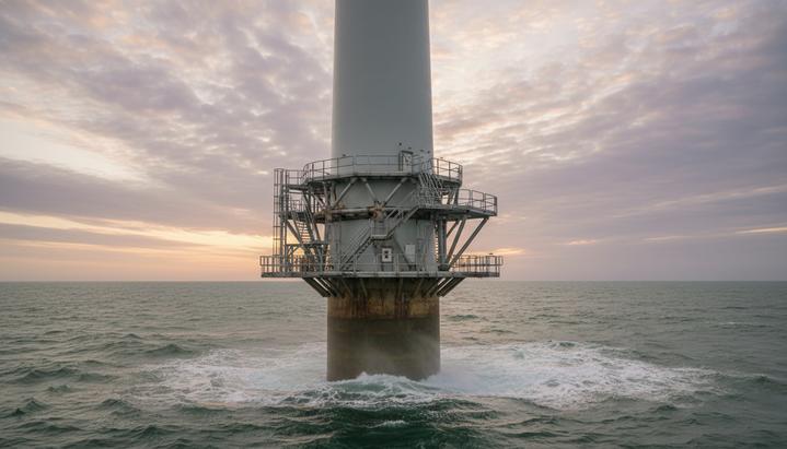 Крупнейшая ВЭС Дании Thor: завершена установка стальных конструкций Стальная конструкция с платформами, установленная на моноопоре морской ветряной турбины, возвышающейся из воды в Северном море.