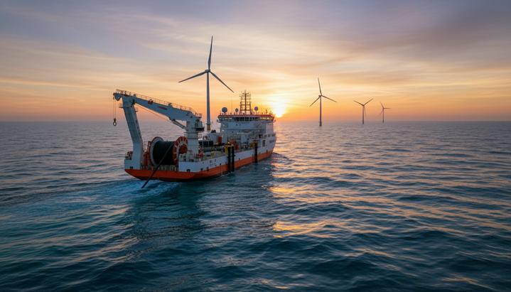 Япония создает флот для подключения морских ветроэлектростанций Современное судно-кабелеукладчик прокладывает подводный силовой кабель в море на фоне морских ветряных турбин на горизонте.
