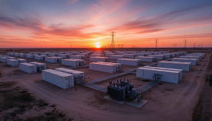 Японский энергогигант Kyuden инвестирует в накопители энергии в Техасе Крупный объект по хранению энергии: ряды белых аккумуляторных контейнеров на фоне заката в техасской равнине.
