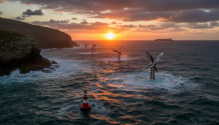 Приливные турбины в море у скалистого побережья Уэльса на рассвете, на горизонте виден грузовой корабль.