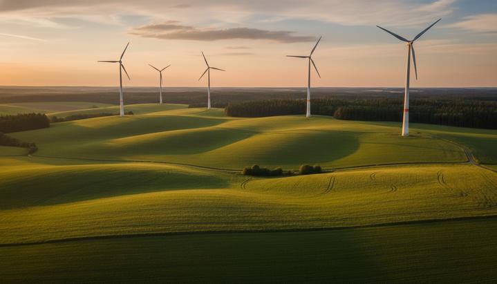 Современные ветряные турбины на фоне зеленых холмов и лесов в сельской местности Германии на закате.