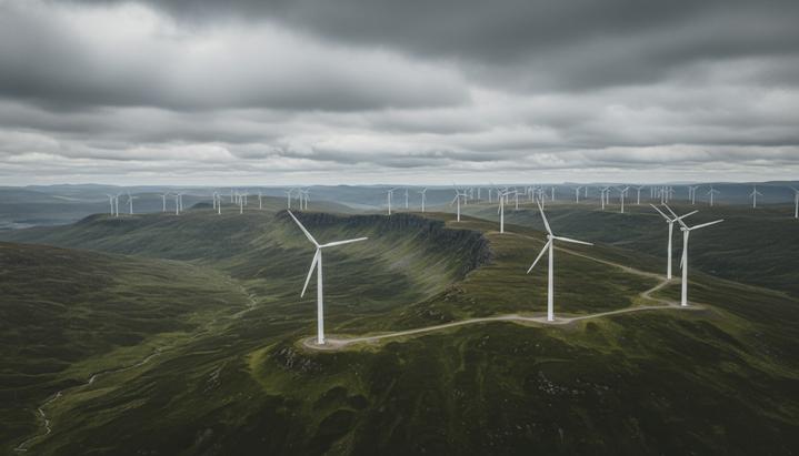 Десятки ветряных турбин наземной электростанции на фоне зеленых холмов и горной местности Шотландии в пасмурную погоду.