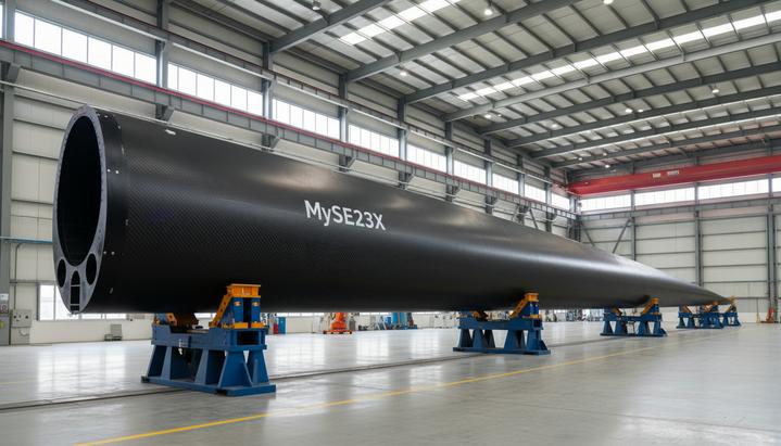 Революция в ВИЭ: Китай создал 100% перерабатываемую лопасть турбины Огромная лопасть ветрогенератора из черного углеродного волокна на стапелях внутри современного заводского цеха.