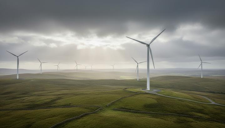 Новая ВЭС в Шотландии: 57 МВт для ускорения энергоперехода Современные ветрогенераторы на фоне зеленых холмов Шотландии. Облачная погода, безлюдный пейзаж.