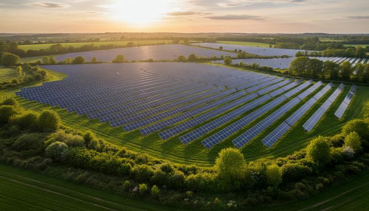 Солнечная электростанция с рядами панелей в поле на фоне зеленых холмов и деревьев в сельской местности Великобритании.