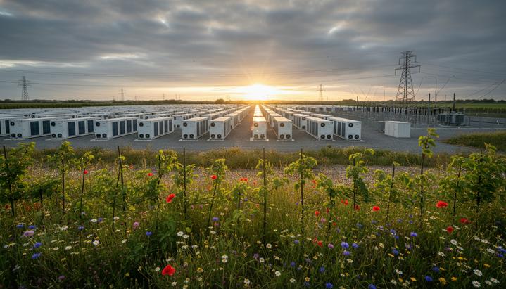 Ряды белых контейнеров аккумуляторной системы хранения энергии на фоне подстанции и линий электропередач на рассвете.