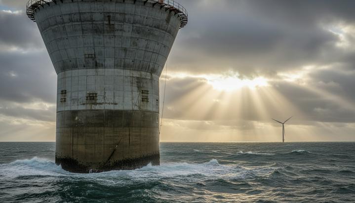 Норвегия: новый стандарт бетонных фундаментов для морской ветроэнергетики Бетонный гравитационный фундамент для морской ветроэлектростанции, частично погруженный в воды Северного моря.