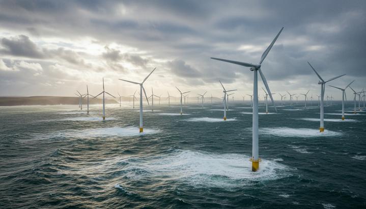 Морские ветрогенераторы в открытом море у скалистого побережья Ирландии под пасмурным небом.