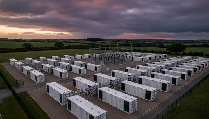 Крупная система накопления энергии в виде рядов белых аккумуляторных блоков на фоне заката в сельской местности Великобритании.