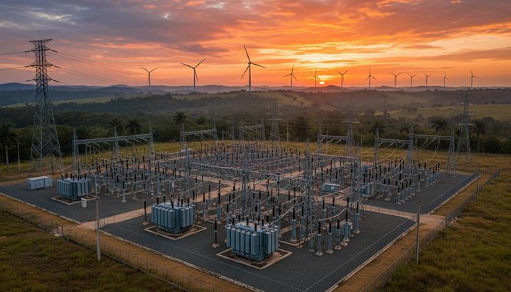 Крупная электрическая подстанция с трансформаторами и линиями электропередач на фоне холмов и ветряных турбин на горизонте.