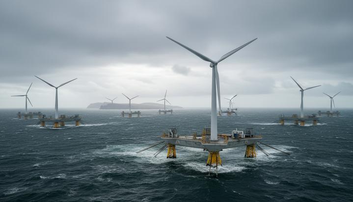 Плавучие ветрогенераторы в море у скалистого побережья Шотландии на фоне пасмурного неба.