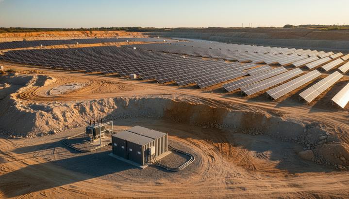 Солнечная электростанция с рядами панелей на фоне бывшего карьера и контейнерная аккумуляторная система хранения энергии.