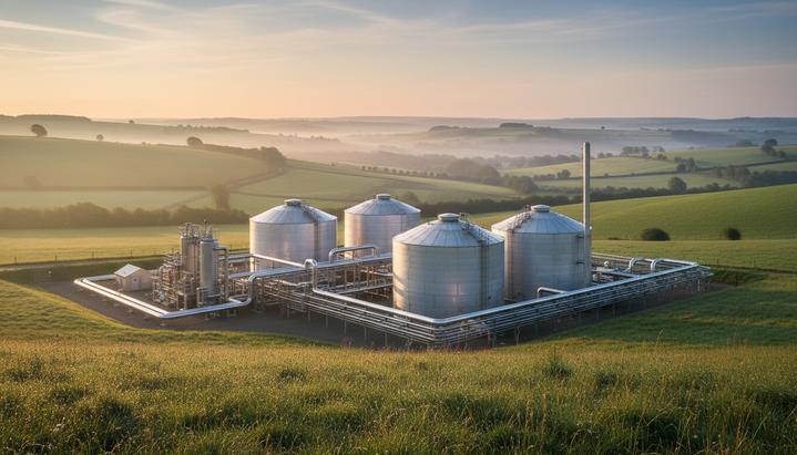 Биометан в Великобритании: ставка на зеленый газ для энергобезопасности Современная биометановая станция с анаэробными реакторами и трубопроводами, расположенная среди зеленых холмов на рассвете.
