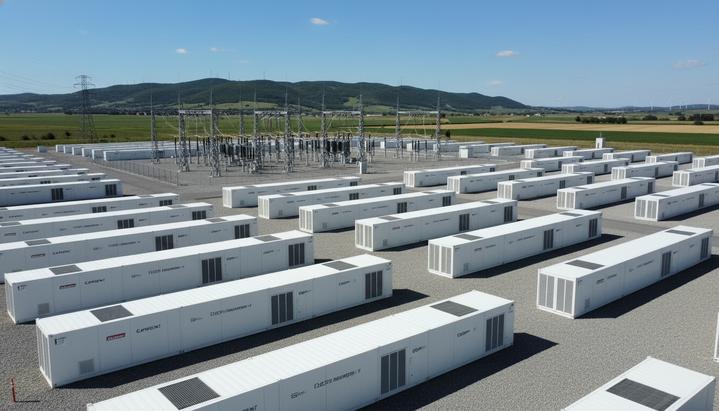 Аккумуляторный гигант в Италии: проект на 1 ГВт·ч получил финансирование Ряды белых контейнеров аккумуляторной станции накопления энергии (BESS) на фоне холмистого пейзажа и голубого неба.