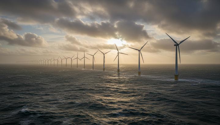 Морские ветряные турбины, установленные в ряд в Северном море на фоне облачного неба на рассвете.