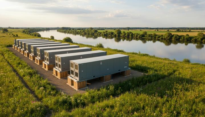 Современная система накопления энергии в контейнерах на зеленом берегу реки под облачным небом.