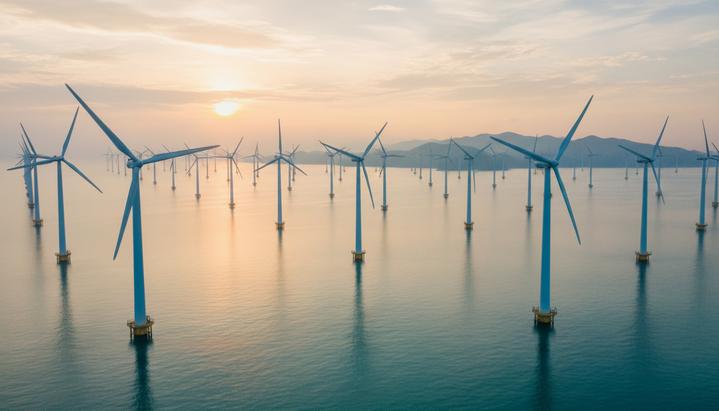 Партнерство Fugro и PTSC G&S: ключ к ветроэнергетике Вьетнама Морская ветряная электростанция с рядами турбин в спокойном море у побережья Вьетнама на рассвете.