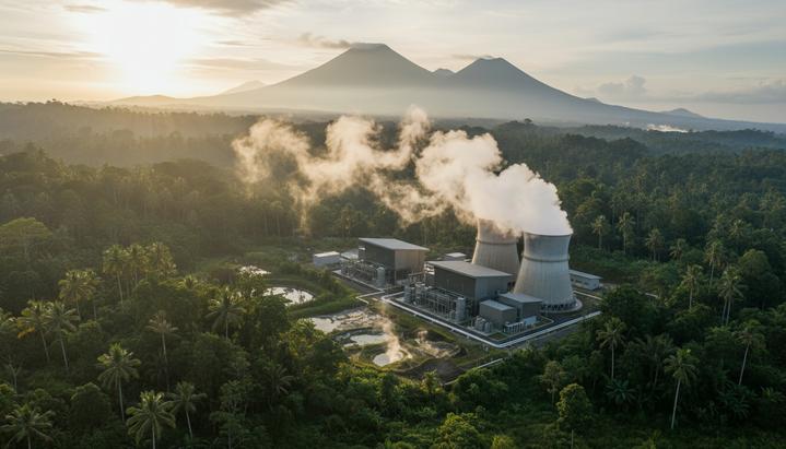 Современная геотермальная электростанция среди густых тропических лесов и вулканов Индонезии, от которой поднимается пар.
