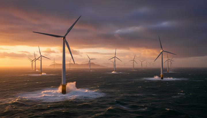 Проект Mona на 1,5 ГВт: JERA Nex bp укрепляет позиции в Великобритании Морская ветряная электростанция с рядами турбин в море на рассвете, на фоне виднеется туманная береговая линия.