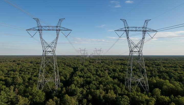 Высоковольтная линия электропередачи с металлическими опорами, проходящая через густой зеленый лес под ясным небом.