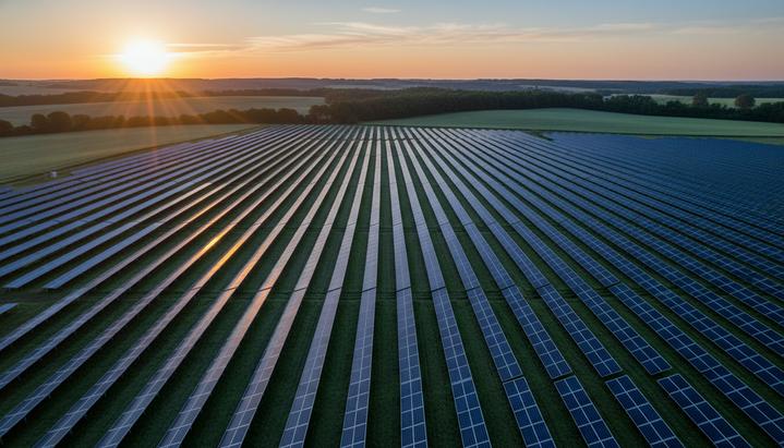 R.Power укрепляет позиции в Германии: новый солнечный проект Солнечная электростанция Клётце в Германии: ряды фотоэлектрических панелей на фоне зеленых холмов Саксонии-Анхальт.