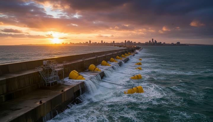 Волновая электростанция с желтыми поплавками-преобразователями, установленная на бетонном волнорезе в океане на фоне портового города.
