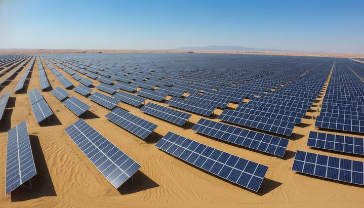 Бескрайние ряды солнечных панелей новой фотоэлектрической станции в пустыне ОАЭ под ясным небом.