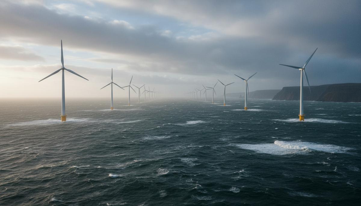 Морские ветряные турбины в ряд уходят за горизонт в море у скалистого побережья Шотландии. Пасмурная погода.