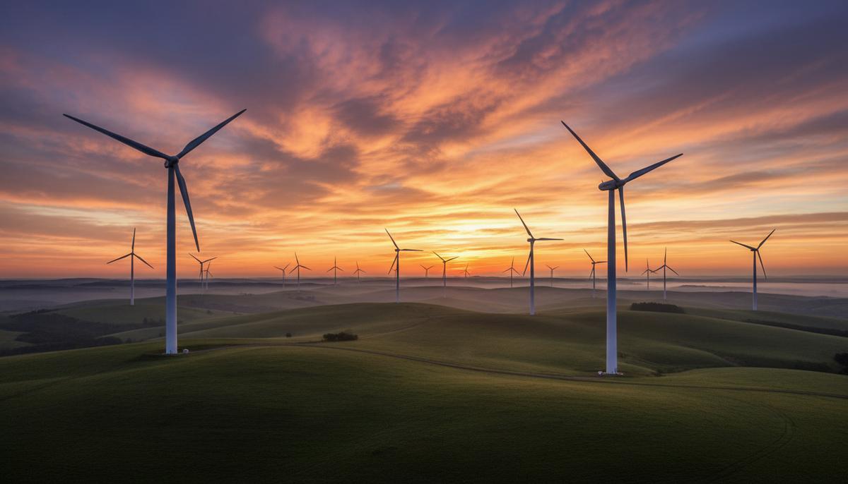 Наземные ветряные турбины на фоне холмистого пейзажа на рассвете. Современная ветроэлектростанция в утреннем свете.