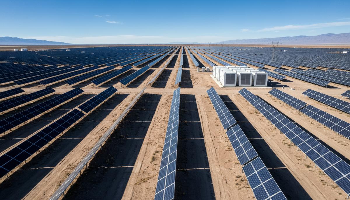 Большая солнечная электростанция с рядами фотоэлектрических панелей в пустыне Атакама и современный комплекс систем накопления энергии на заднем плане.