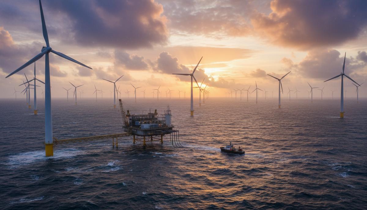 Морская ветряная электростанция в Северном море на рассвете. Огромные ветрогенераторы и офшорная подстанция.