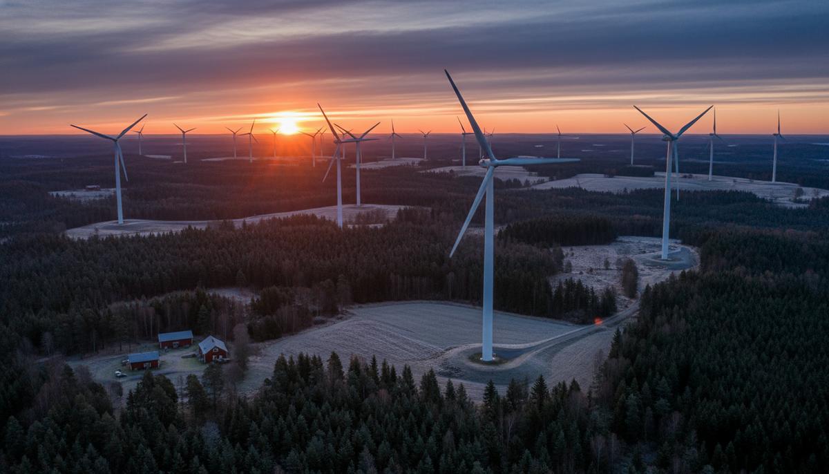 Ardian укрепляет позиции в Скандинавии покупкой ветропарка в Швеции Ветряные турбины ветропарка Furukraft на фоне холмистого лесного пейзажа в Швеции во время восхода солнца.