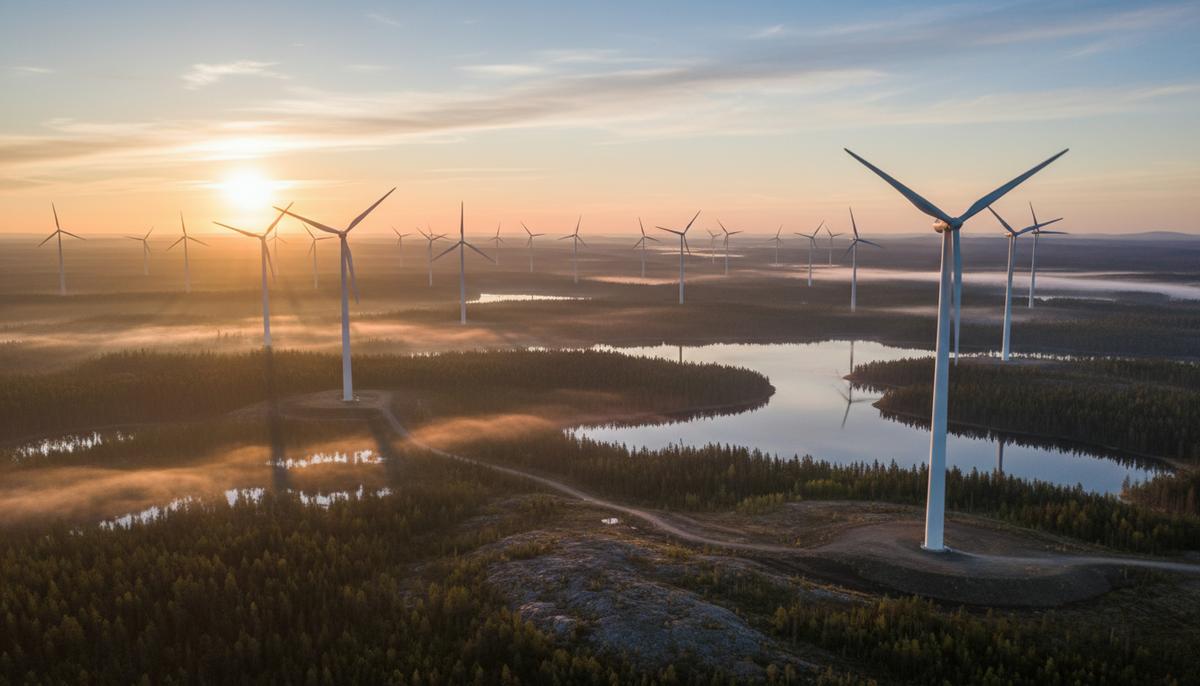 Финляндия запускает крупнейшую ВЭС: проект Lestijärvi стоимостью €650 млн Панорамный вид на ветряную электростанцию Лестиярви в Финляндии. Десятки ветряных турбин на фоне холмистого лесного пейзажа на рассвете.