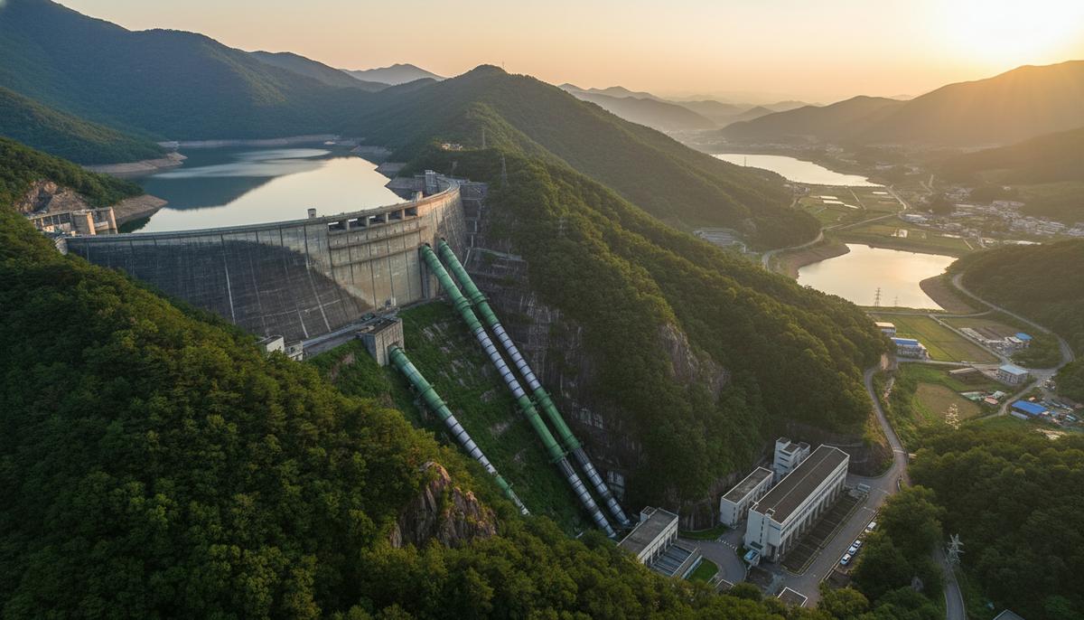 Гидроаккумулирующая электростанция (ГАЭС) в горной местности. Верхний и нижний резервуары с водой, соединенные трубами по склону горы.