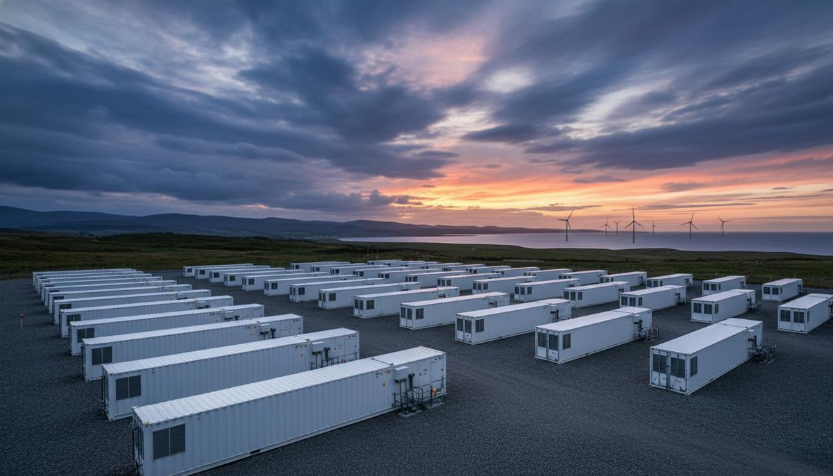 Крупная система накопления энергии в виде рядов контейнеров на фоне зеленых холмов Шотландии и морских ветряных турбин на горизонте.