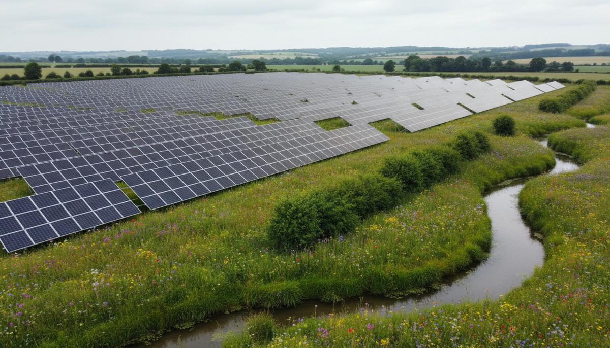 Новая СЭС в Кенте: энергия для 10 500 домов и польза для природы Солнечная электростанция в графстве Кент, Великобритания. Панели окружены лугами с полевыми цветами и живой изгородью.