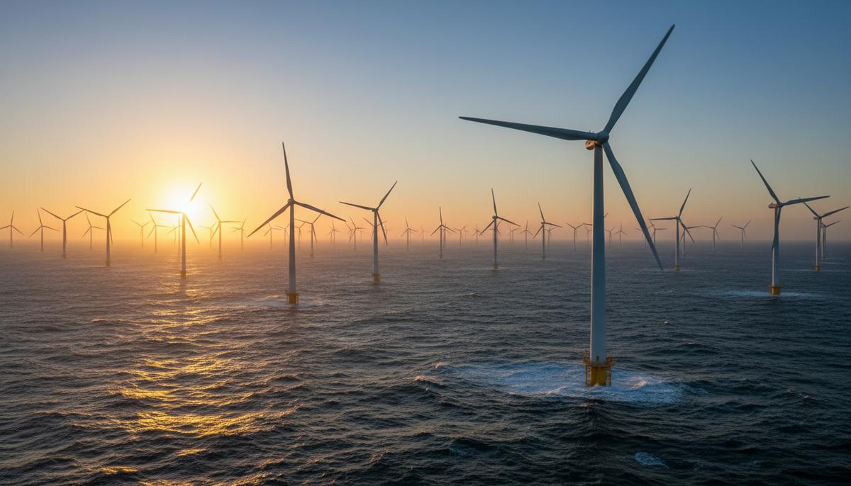 Тайвань завершил монтаж турбин на морской ВЭС мощностью 920 МВт Огромная морская ветряная электростанция в Тайваньском проливе на восходе солнца, ряды ветрогенераторов до горизонта.