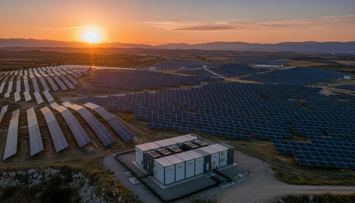 Греция: METLEN и Tsakos Group построят гигантскую гибридную станцию Солнечная электростанция с рядами фотоэлектрических панелей и здание системы хранения энергии на фоне холмов в Греции.