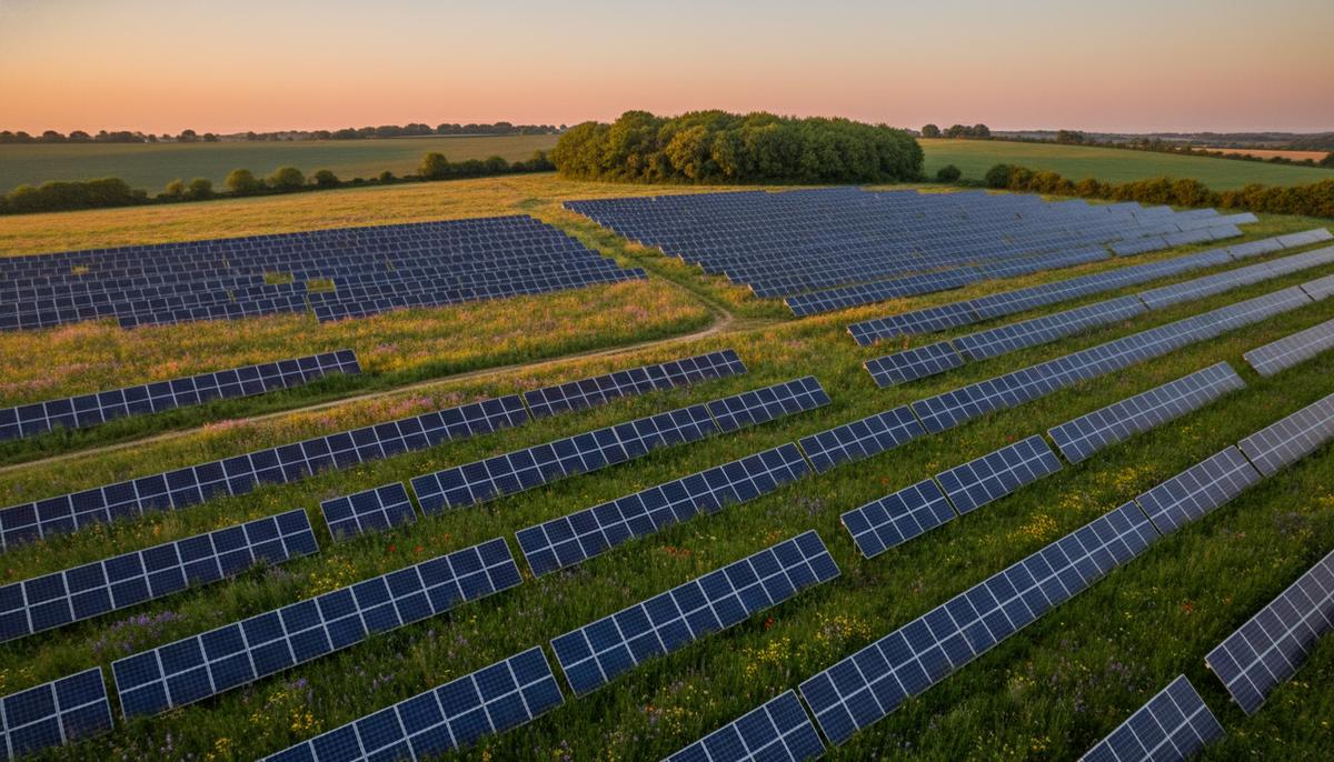 Солнечные панели новой электростанции, установленные в ряд на зеленом поле с полевыми цветами. На заднем плане виднеются деревья.
