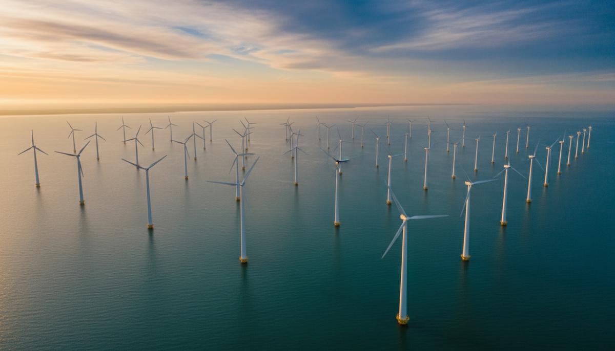 Aneo расширяет бизнес в Швеции: покупка ветровых активов RWE Морская ветряная электростанция с рядами турбин в Балтийском море у побережья Швеции на рассвете.