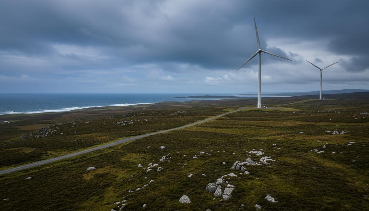 Современные ветряные турбины на фоне холмистого, безлесного пейзажа острова Льюис в Шотландии под пасмурным небом.
