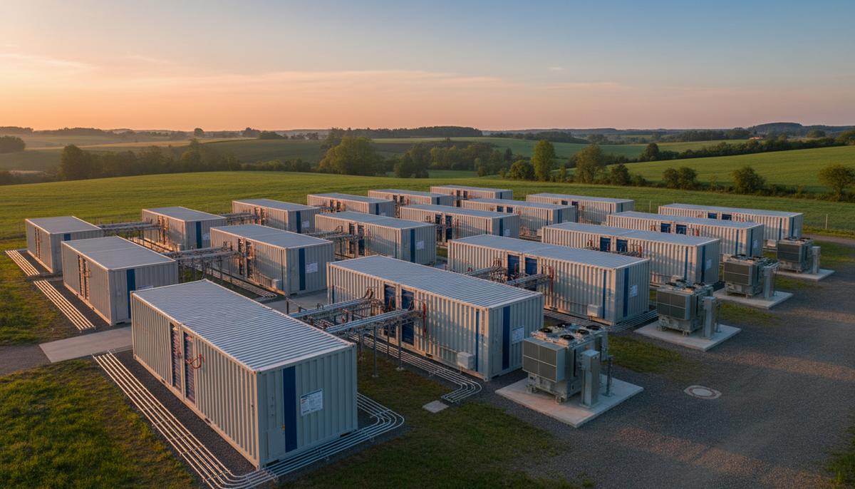 Ряды контейнерных систем накопления энергии на новой электростанции в Германии на фоне восходящего солнца.