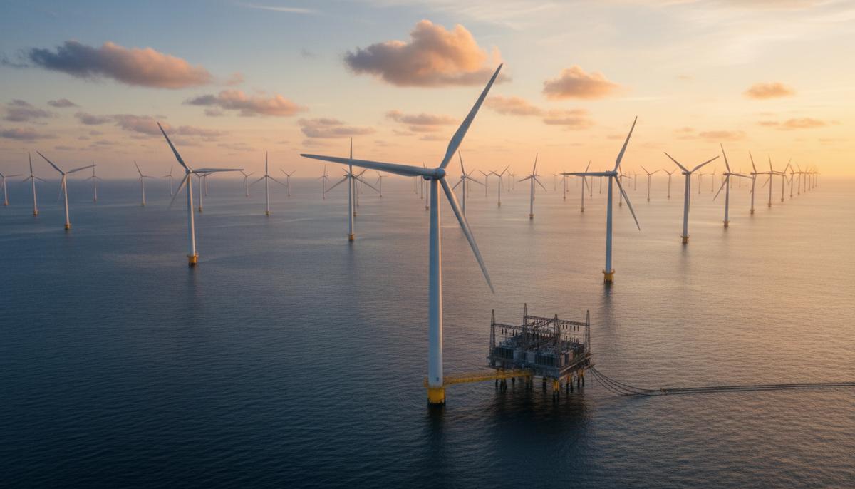 Морская ветроэлектростанция в открытом море. Ряды огромных ветряных турбин уходят за горизонт на фоне заката.