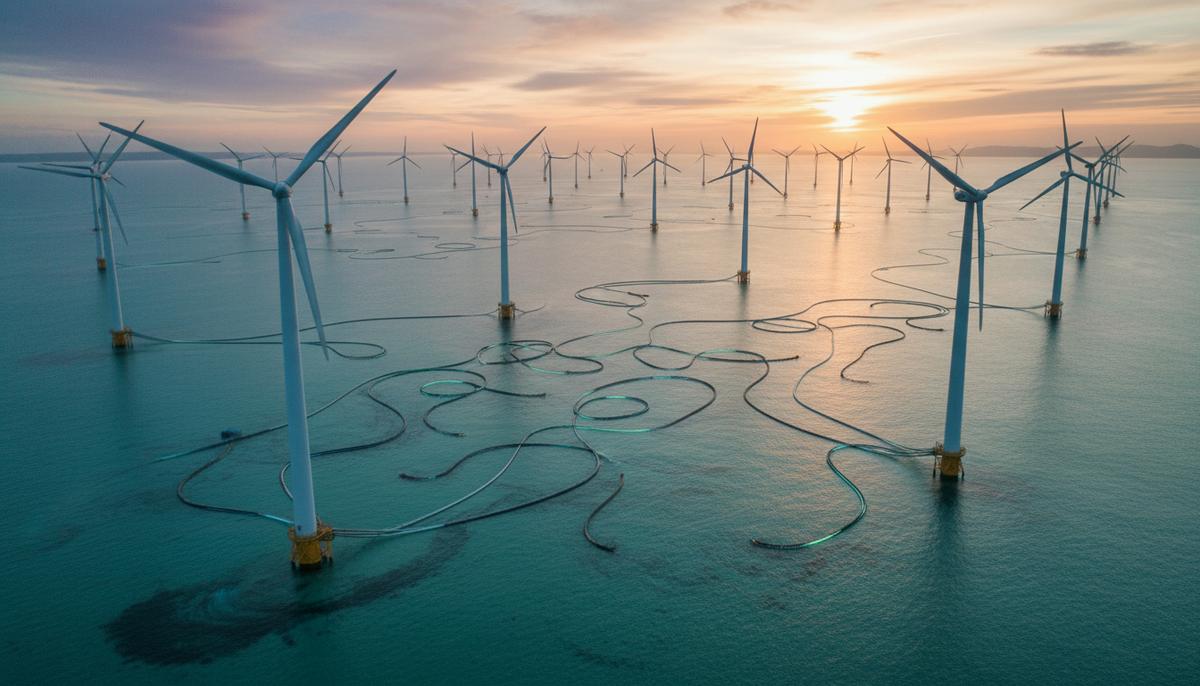 Морская ветряная электростанция с рядами турбин в Северном море на рассвете, символизирующая производство возобновляемой энергии.