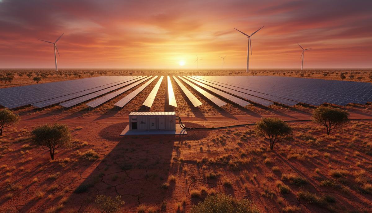 Просторный австралийский пейзаж с рядами солнечных панелей, ветряными турбинами на горизонте и контейнером системы накопления энергии.