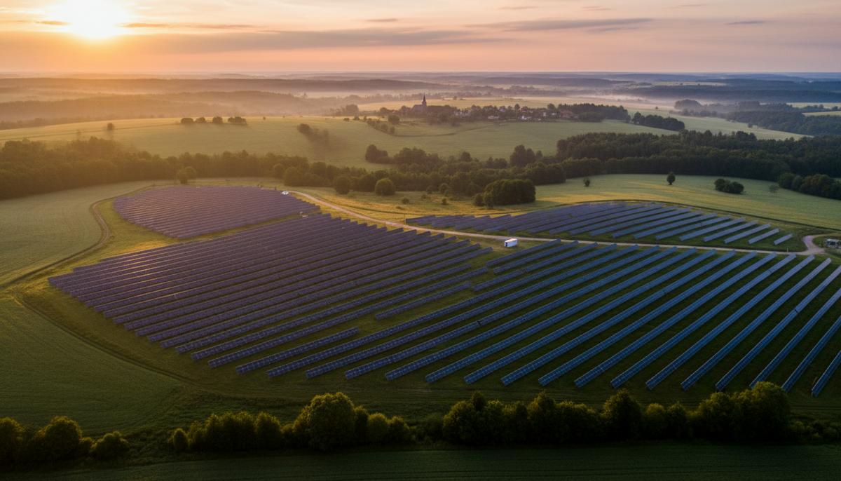 Солнечная электростанция с рядами фотоэлектрических панелей, расположенная в зеленом поле на фоне восходящего солнца.