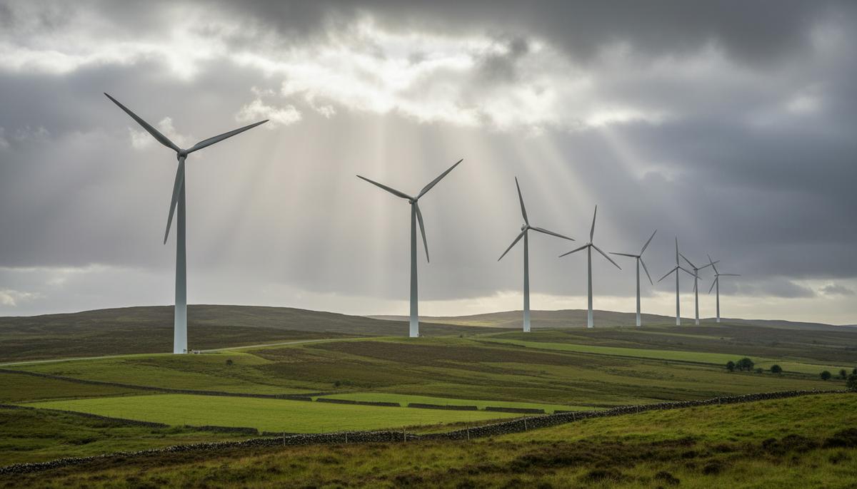 Ряд высоких ветряных турбин, установленных на зеленых холмах Шотландии под облачным небом.