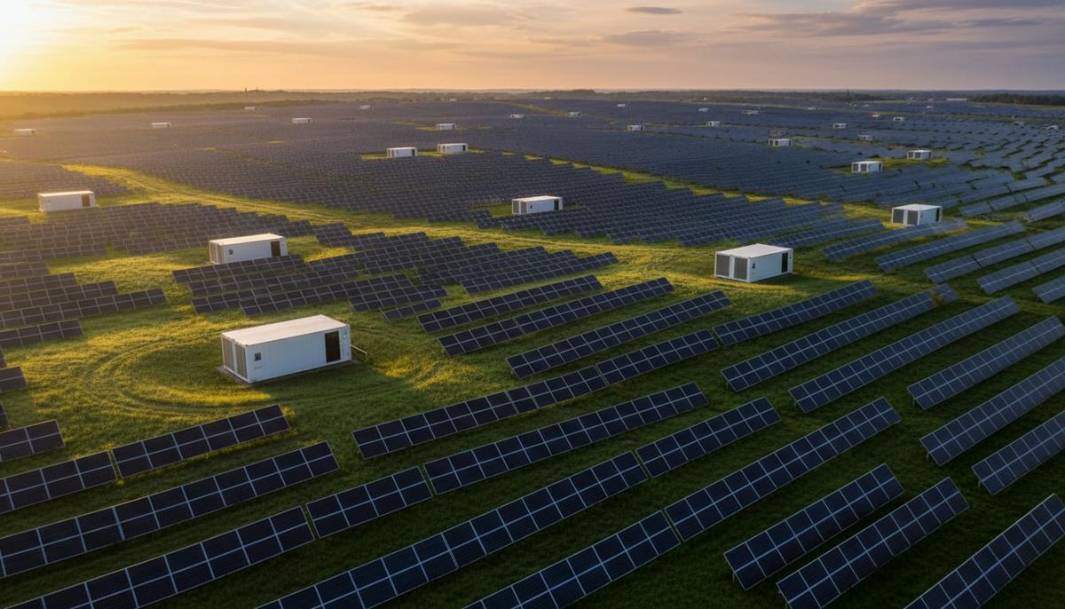 Солнечная электростанция с рядами фотоэлектрических панелей и контейнерами системы накопления энергии на фоне зеленых холмов.